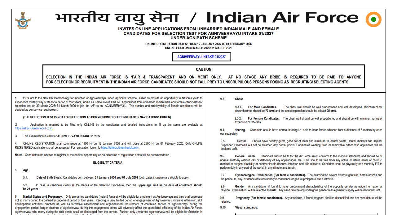 IAF Agniveervayu Recruitment 2026: Intake 01/2027 Apply Online