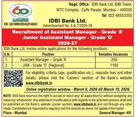 IDBI Bank Recruitment 2026: Apply Online for 1300 JAM & AM Posts