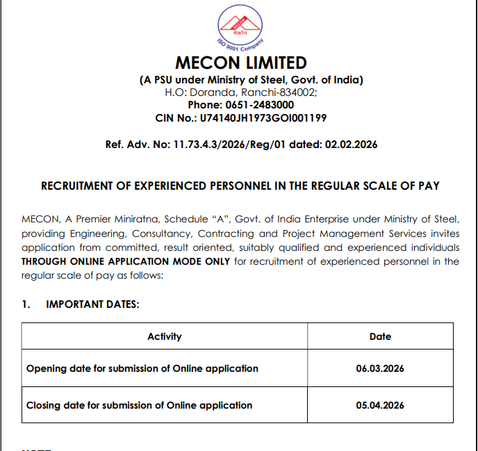 MECON Limited Recruitment 2026